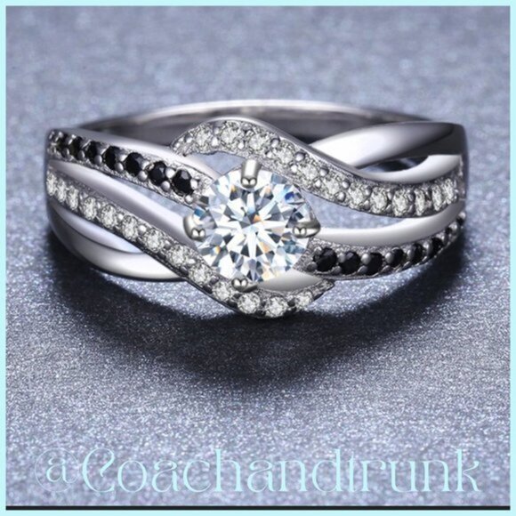 925 Sterling Hallmark Bypass Black Spinel and Diamond CZ Ring - Picture 4 of 4